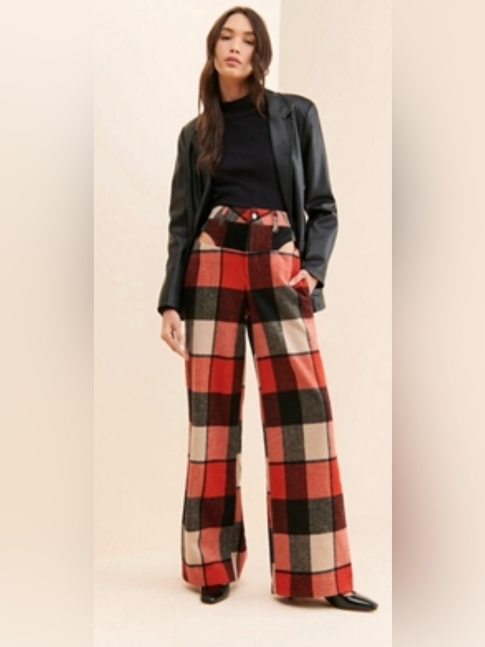 AFRM Red & Black Plaid Wide-Leg Trousers